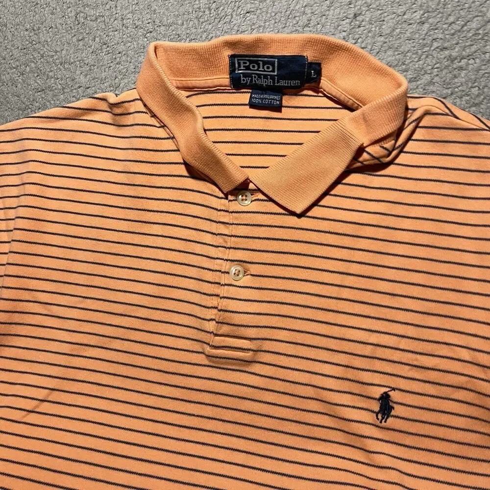 Polo Ralph Lauren Short Sleeve Polo Shirt Mens Large Peach Cotton Stripe Logo